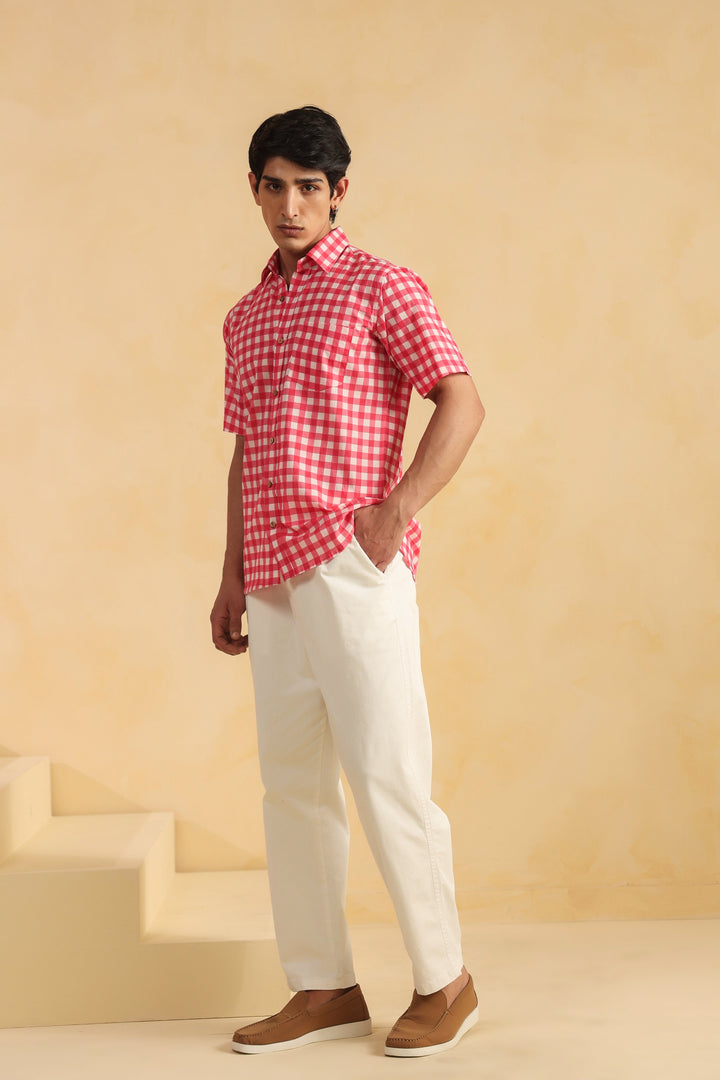 Pink Checks Half Sleeve Cotton Shirt