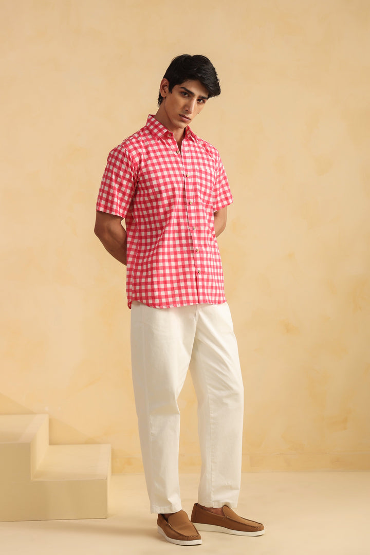 Pink Checks Half Sleeve Cotton Shirt