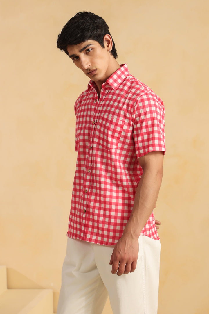 Pink Checks Half Sleeve Cotton Shirt