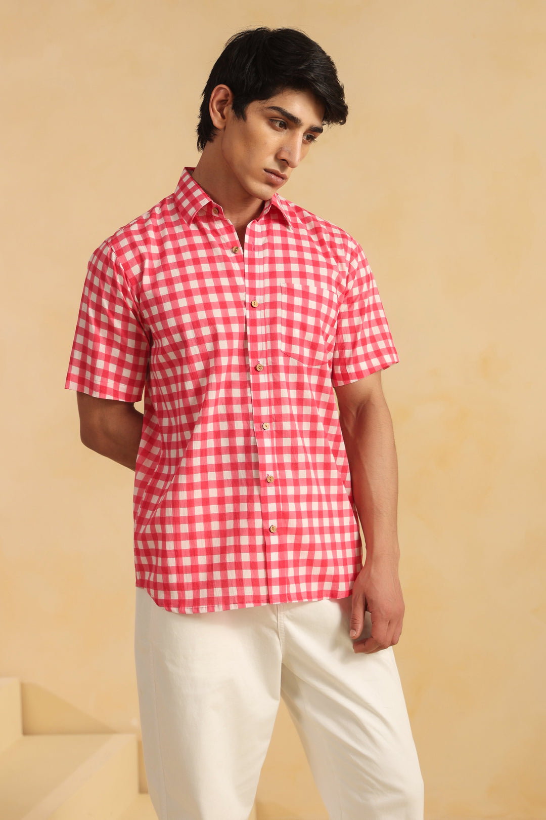 Pink Checks Half Sleeve Cotton Shirt