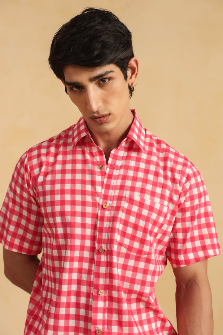 Pink Checks Half Sleeve Cotton Shirt