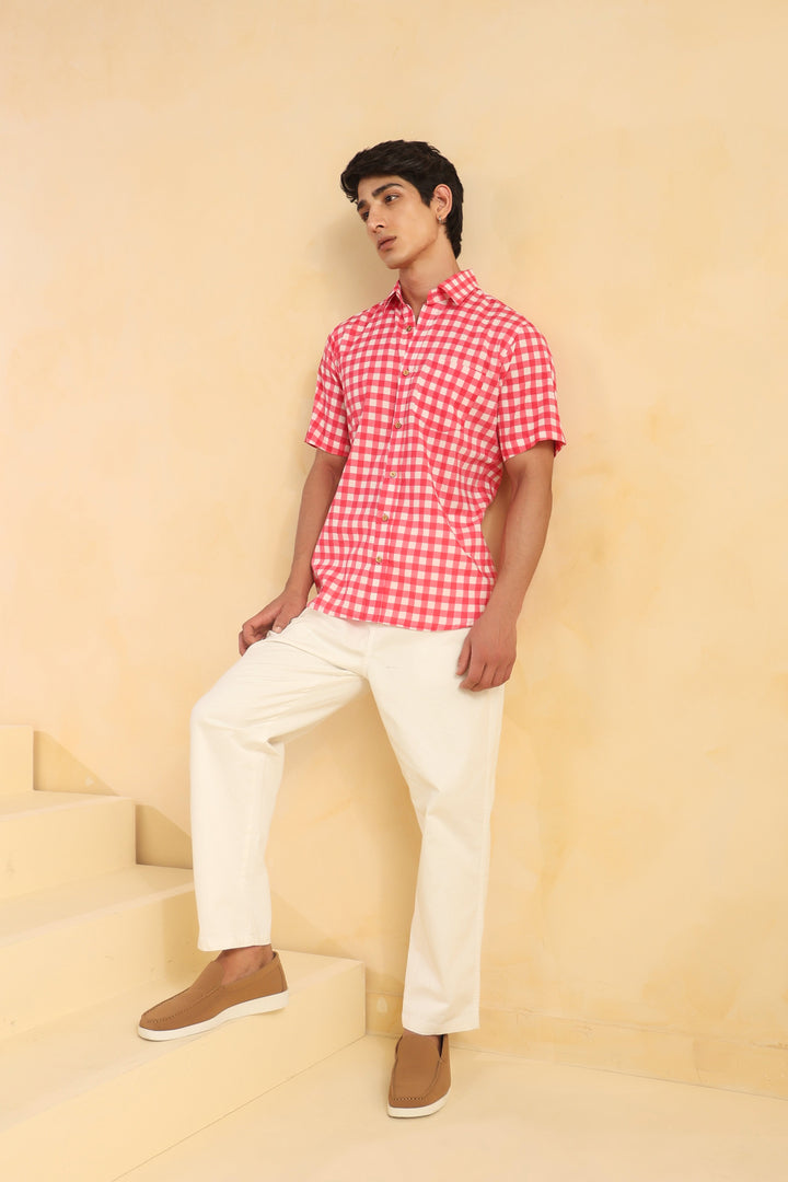 Pink Checks Half Sleeve Cotton Shirt