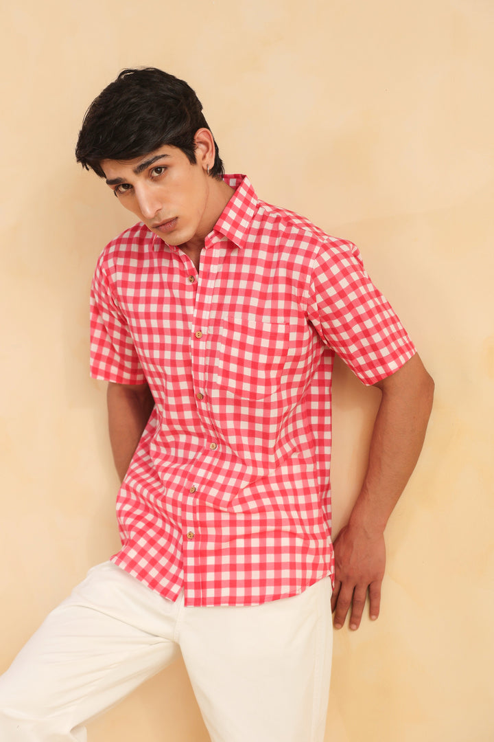 Pink Checks Half Sleeve Cotton Shirt