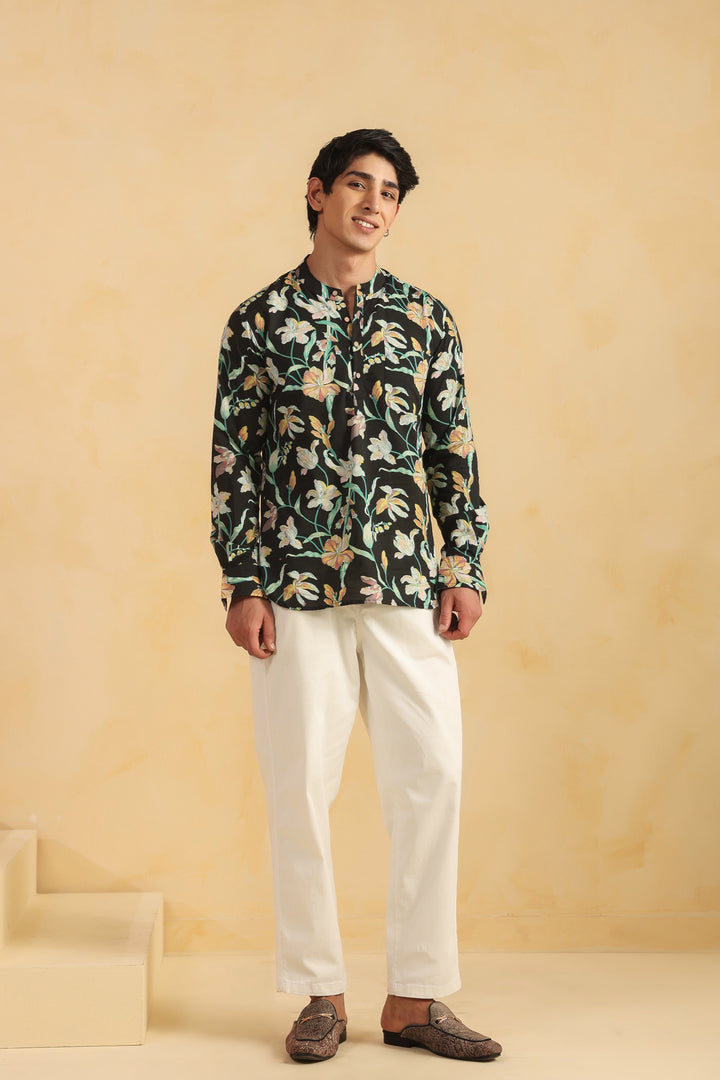 Black Floral Full Sleeve Shirt Kurta