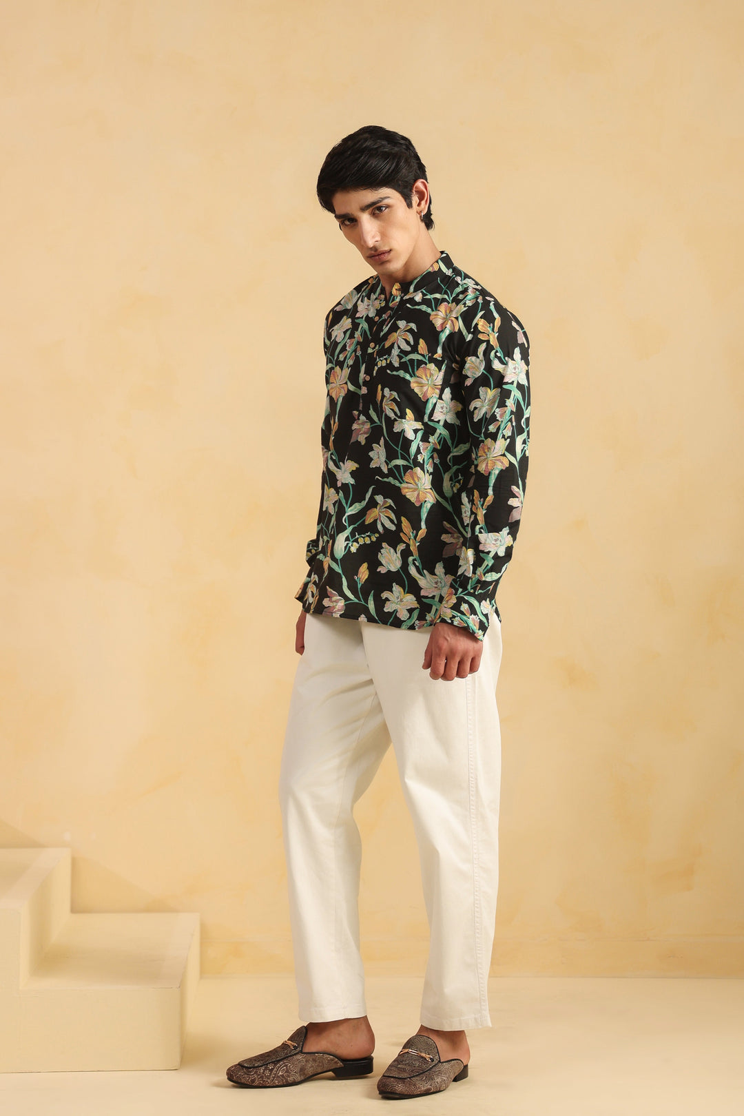 Black Floral Full Sleeve Shirt Kurta