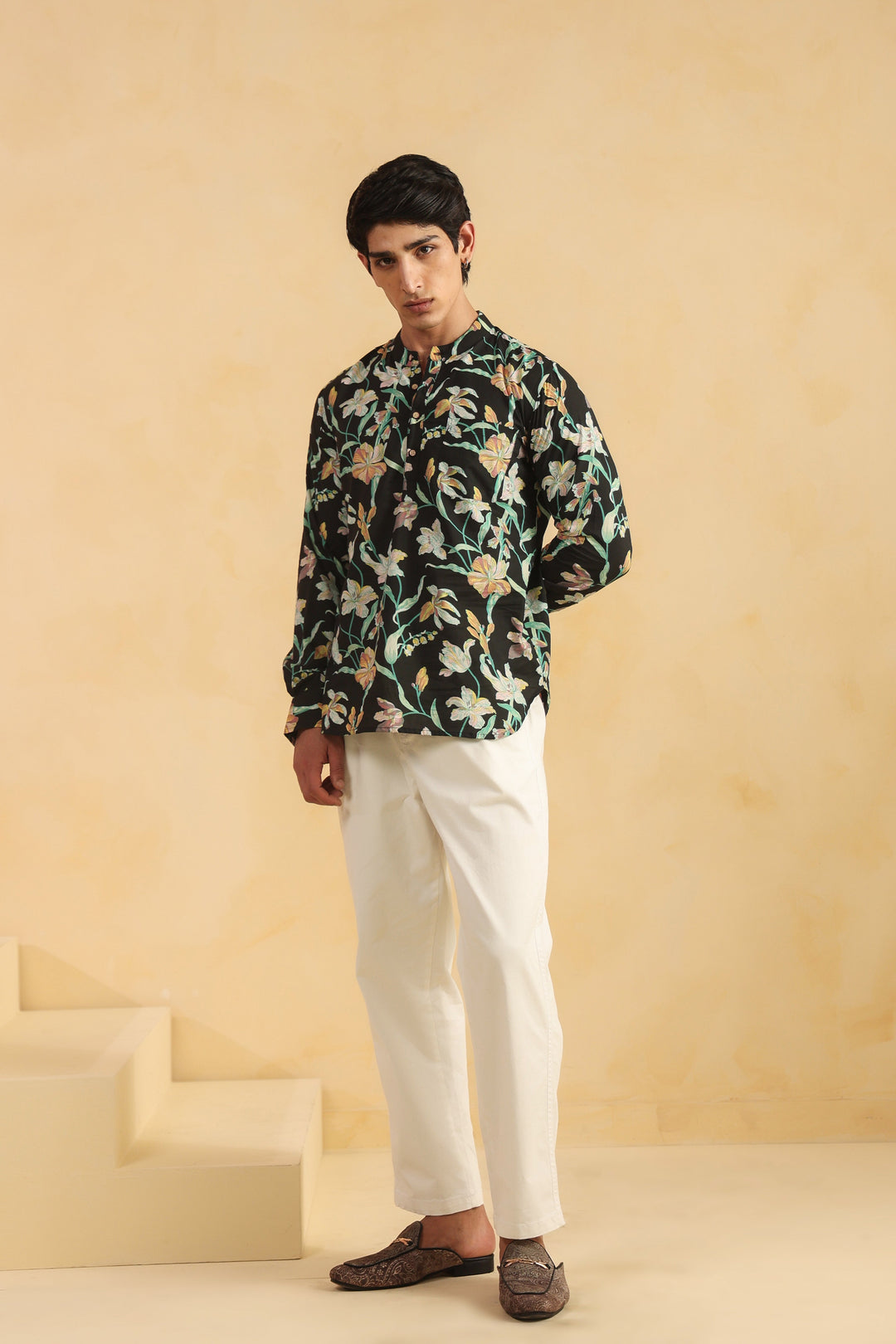 Black Floral Full Sleeve Shirt Kurta