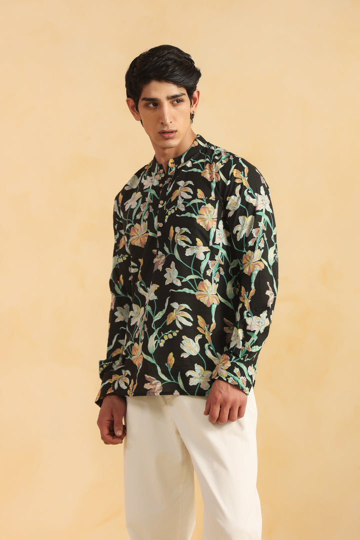 Black Floral Full Sleeve Shirt Kurta