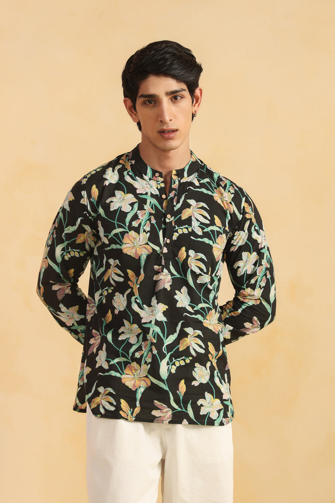 Black Floral Full Sleeve Shirt Kurta