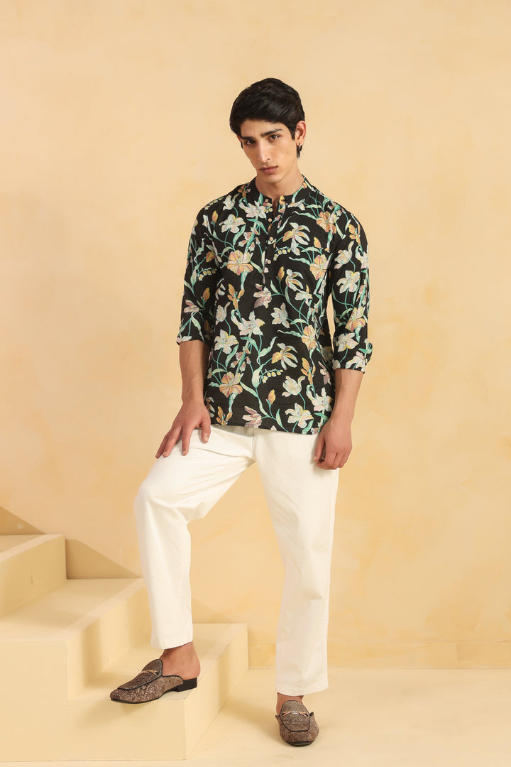 Black Floral Full Sleeve Shirt Kurta