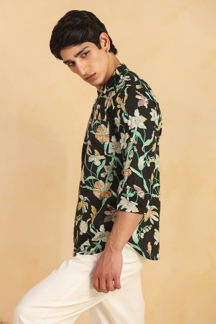 Black Floral Full Sleeve Shirt Kurta
