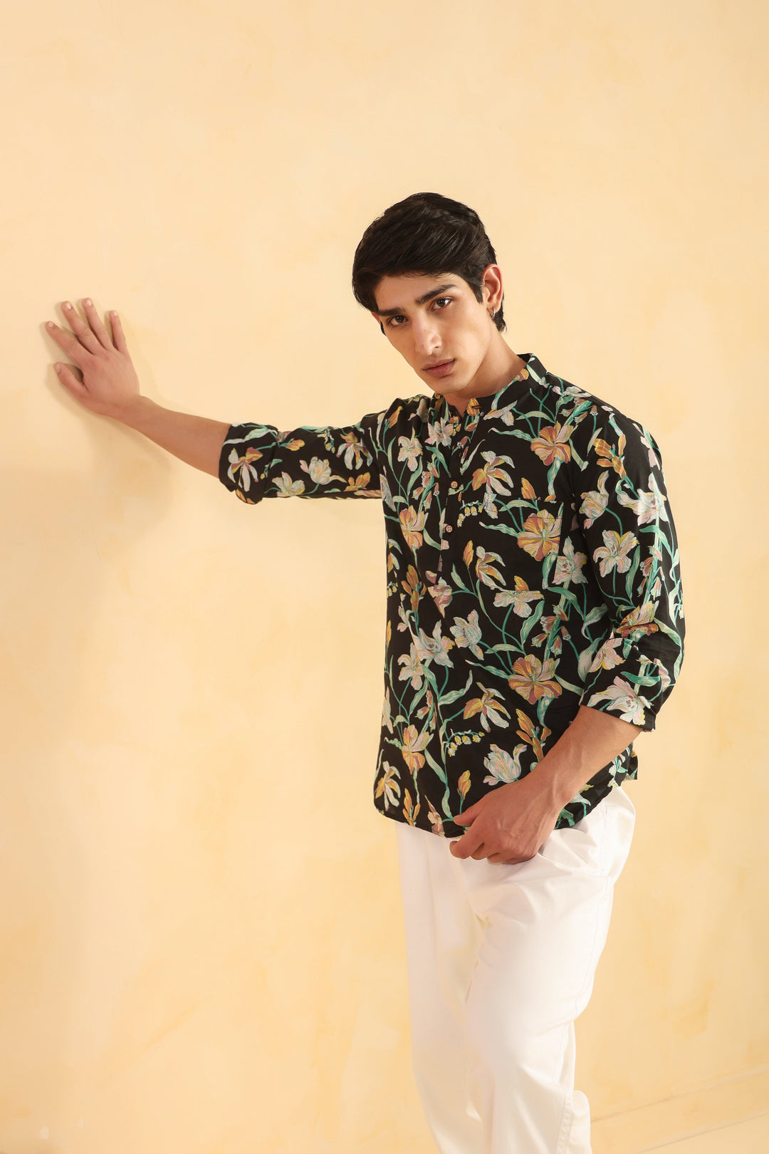 Black Floral Full Sleeve Shirt Kurta