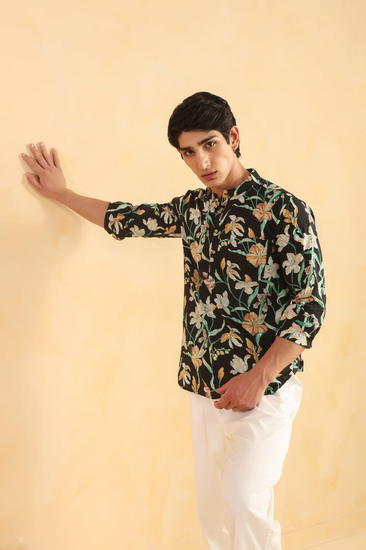 Black Floral Full Sleeve Shirt Kurta