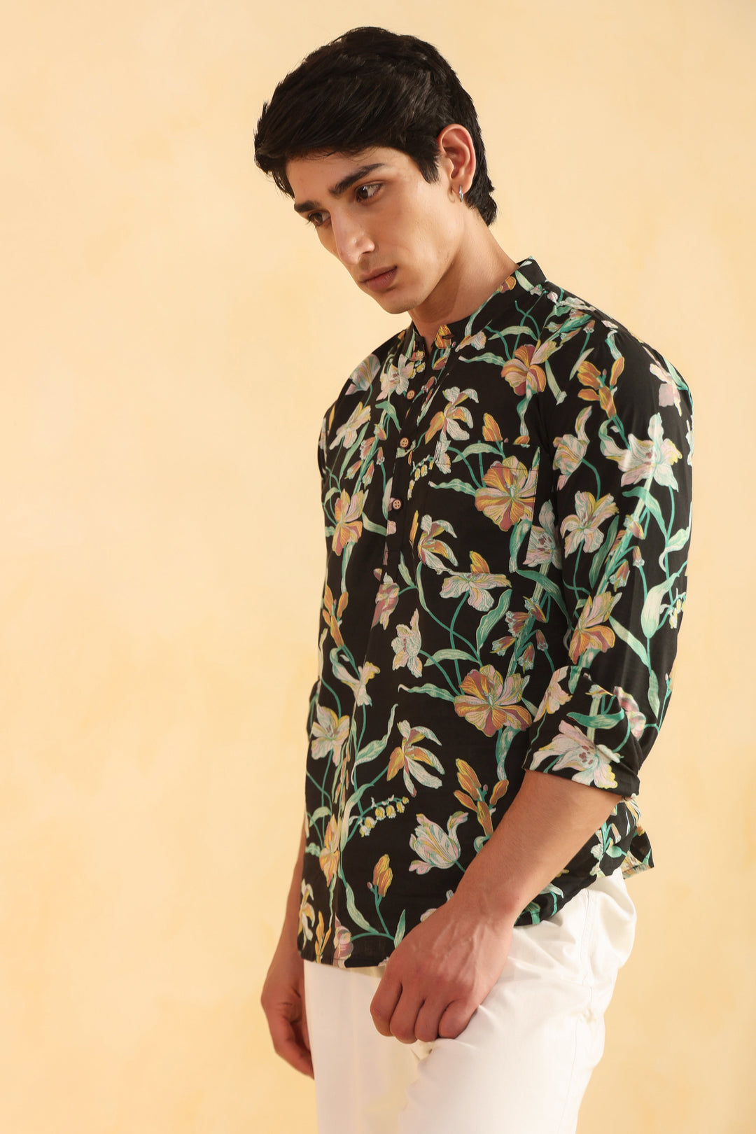 Black Floral Full Sleeve Shirt Kurta