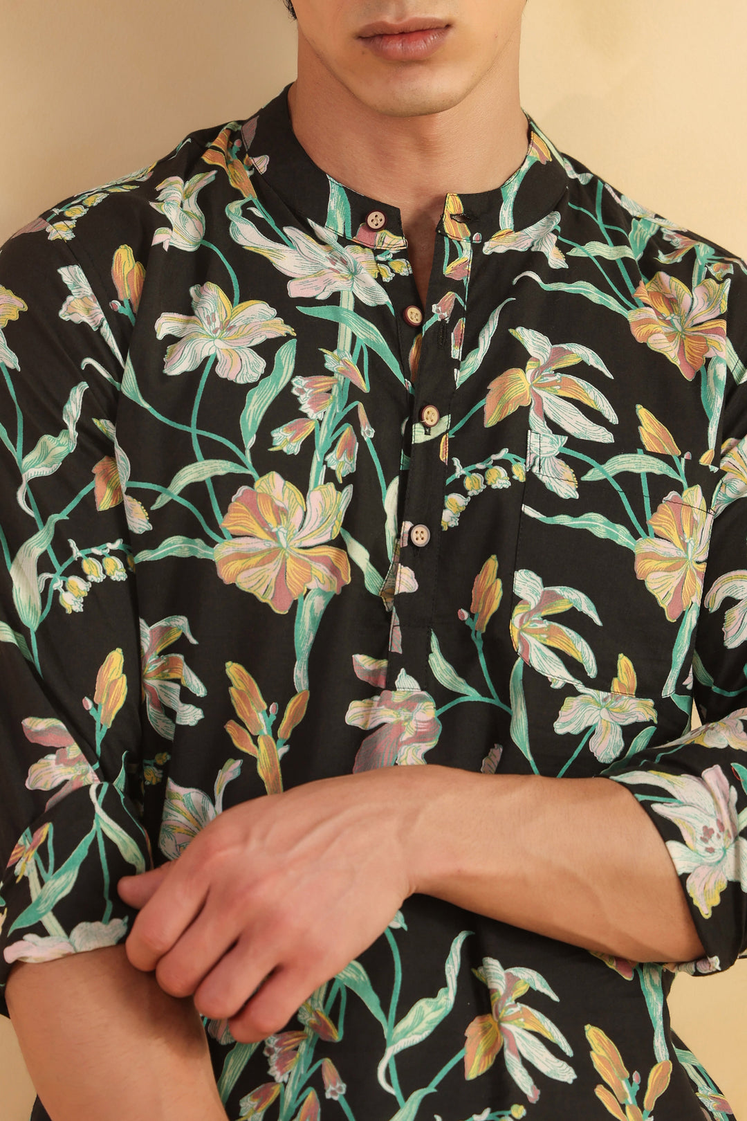 Black Floral Full Sleeve Shirt Kurta