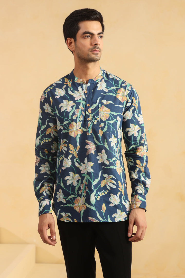 Cobalt Blue Printed Cotton Shirt Kurta