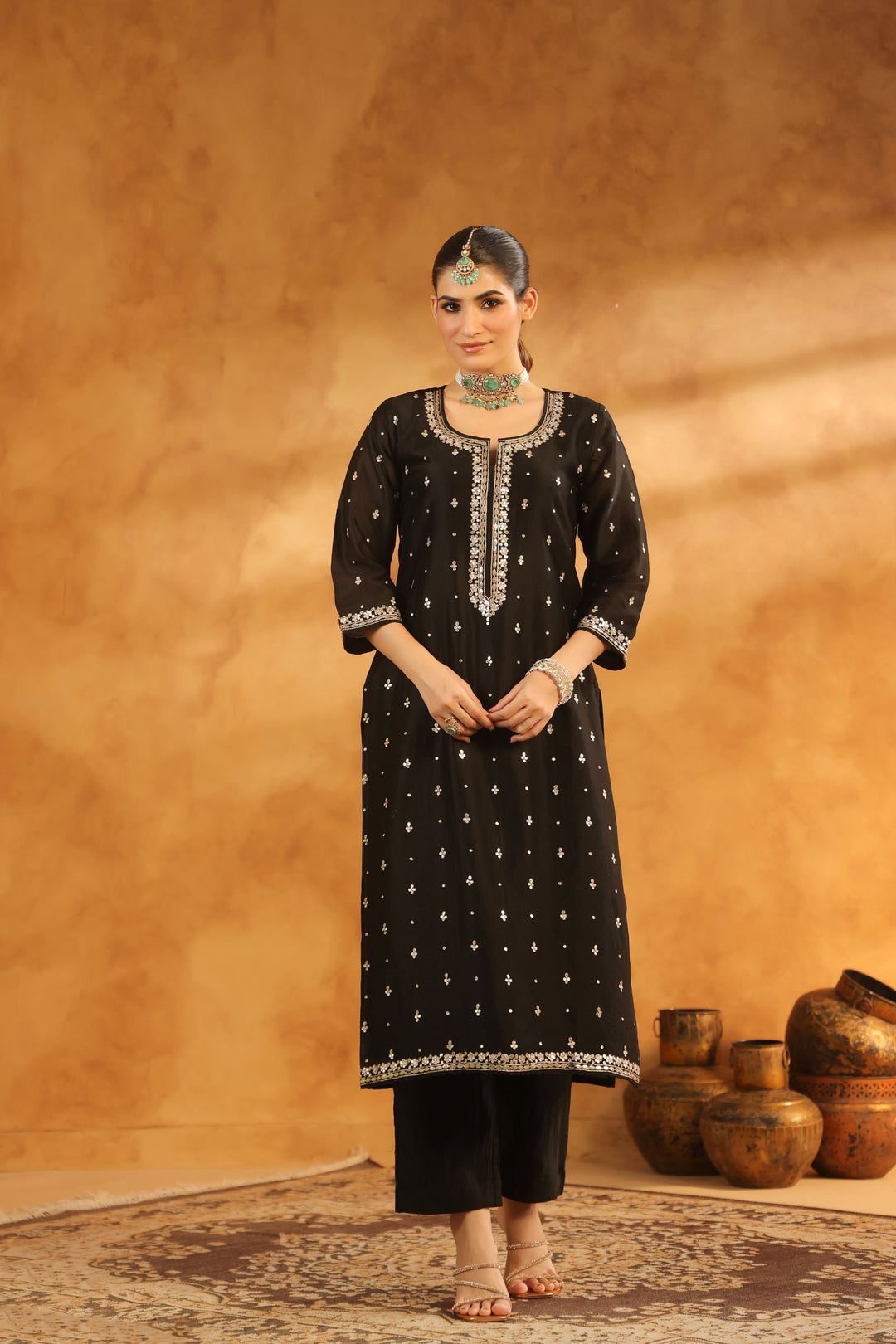 Indira black chanderi suit set