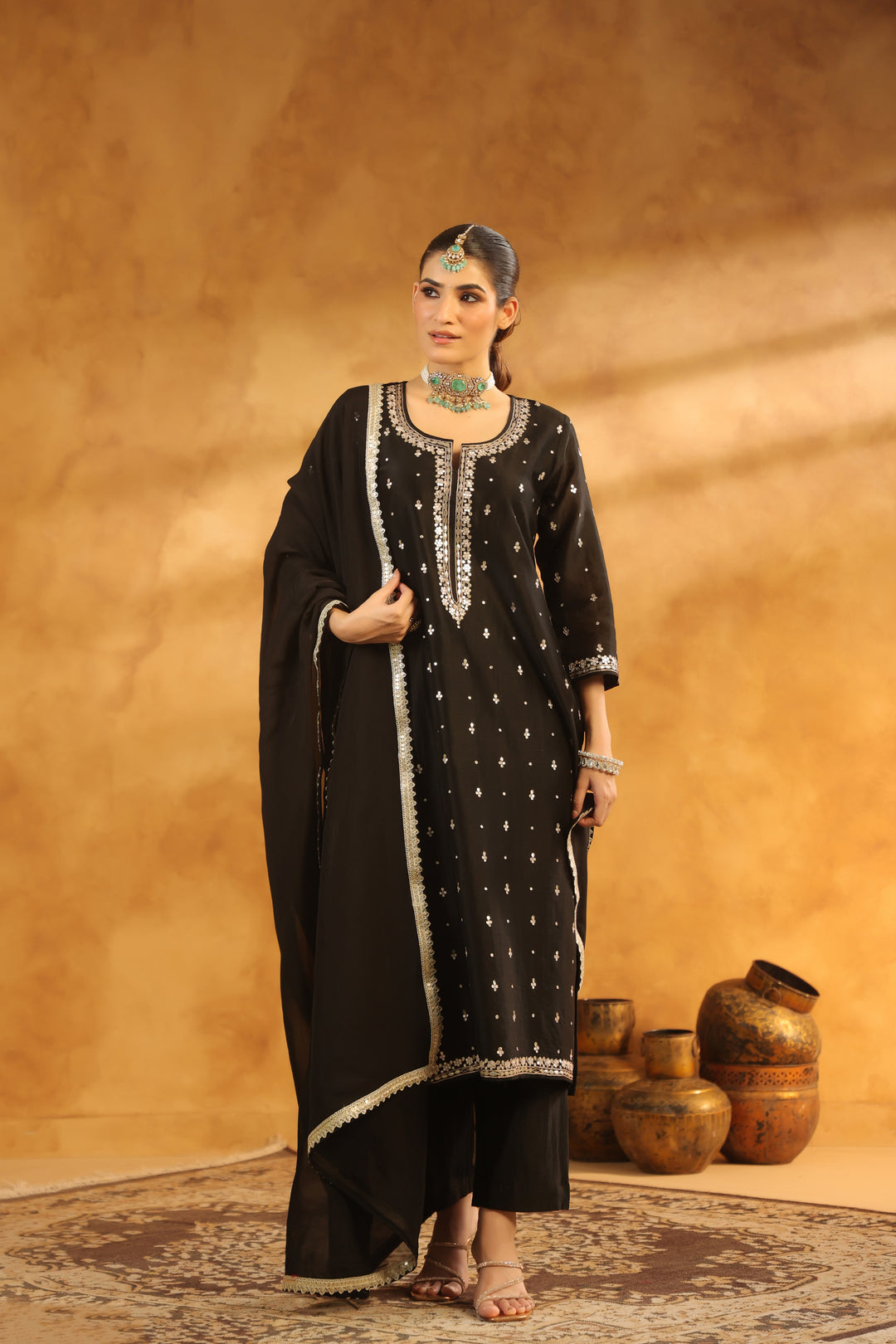 Indira black chanderi suit set