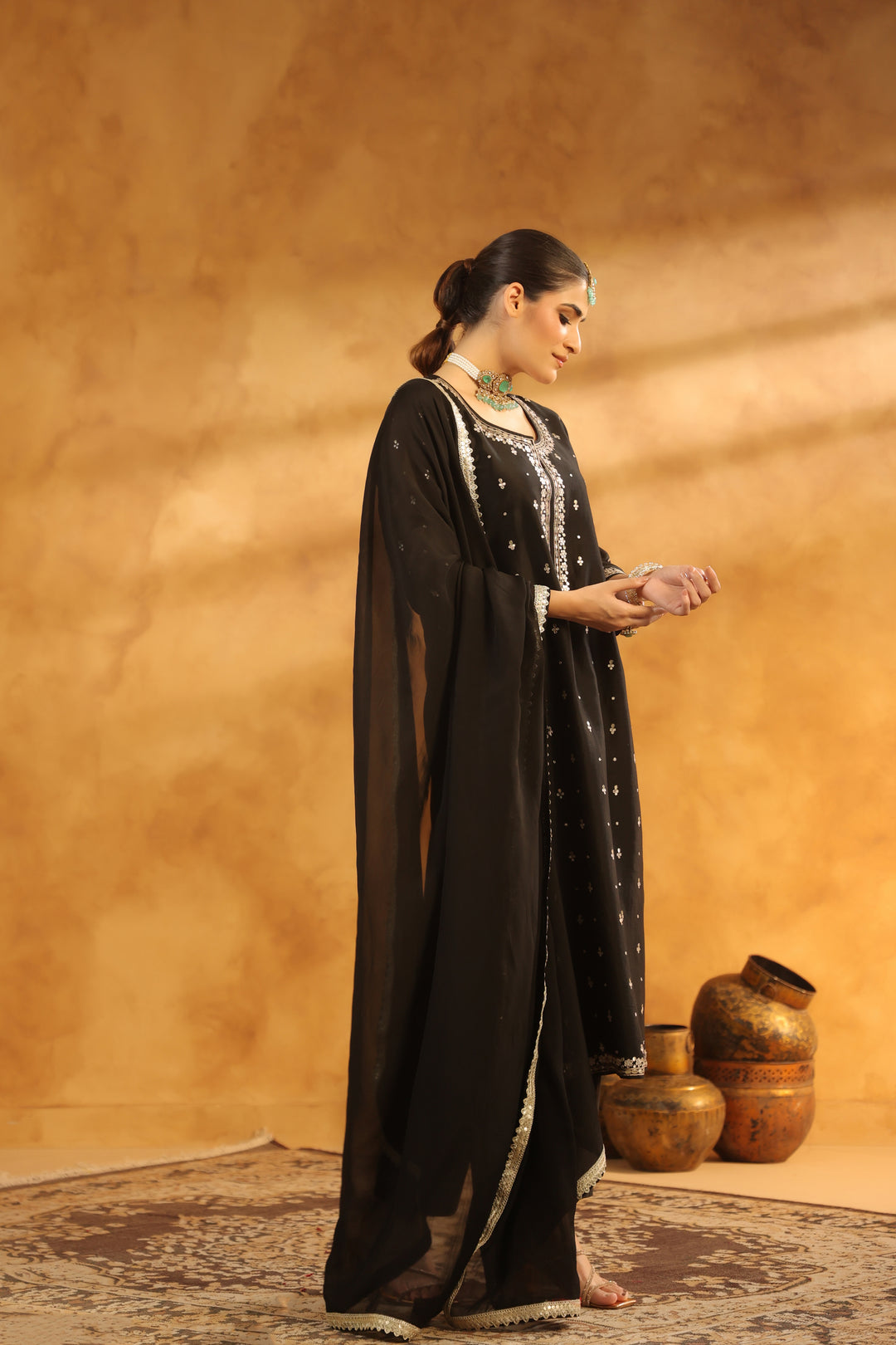 Indira black chanderi suit set