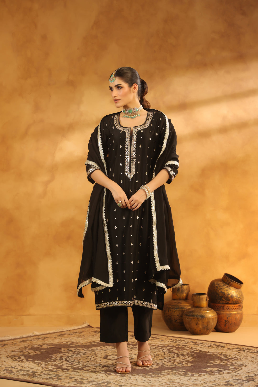 Indira black chanderi suit set