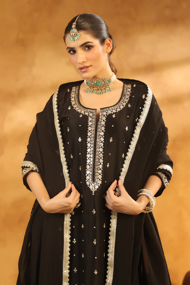 Indira black chanderi suit set