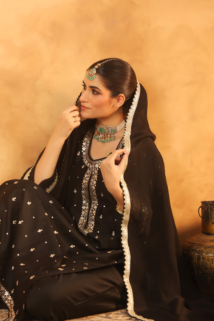 Indira black chanderi suit set