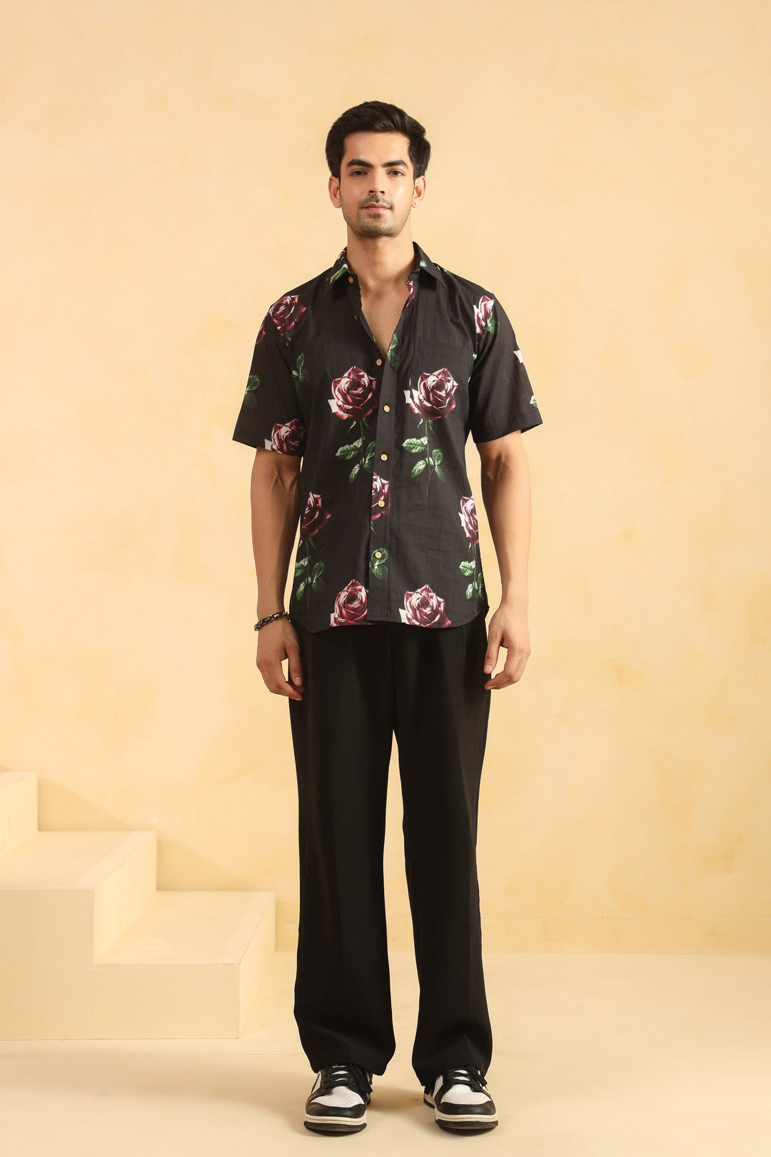 Black Rose Half Sleeve Cotton Shirt