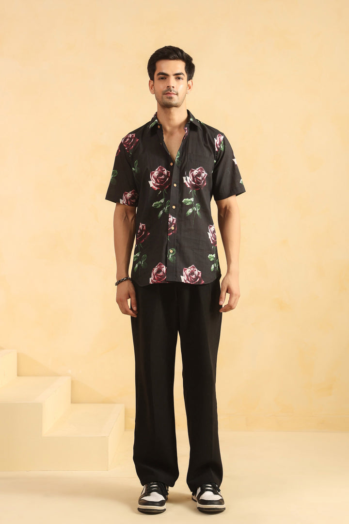 Black Rose Half Sleeve Cotton Shirt