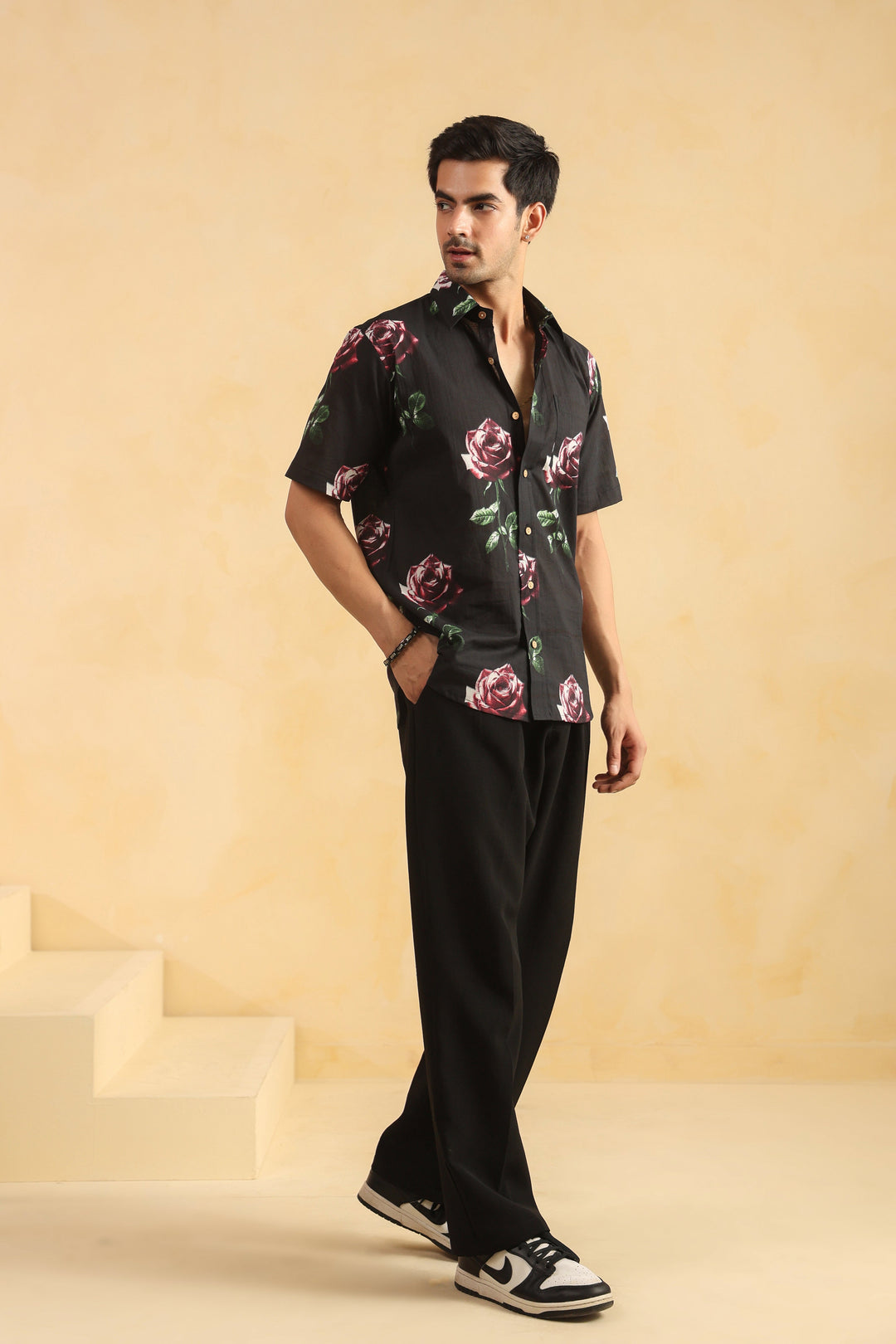 Black Rose Half Sleeve Cotton Shirt