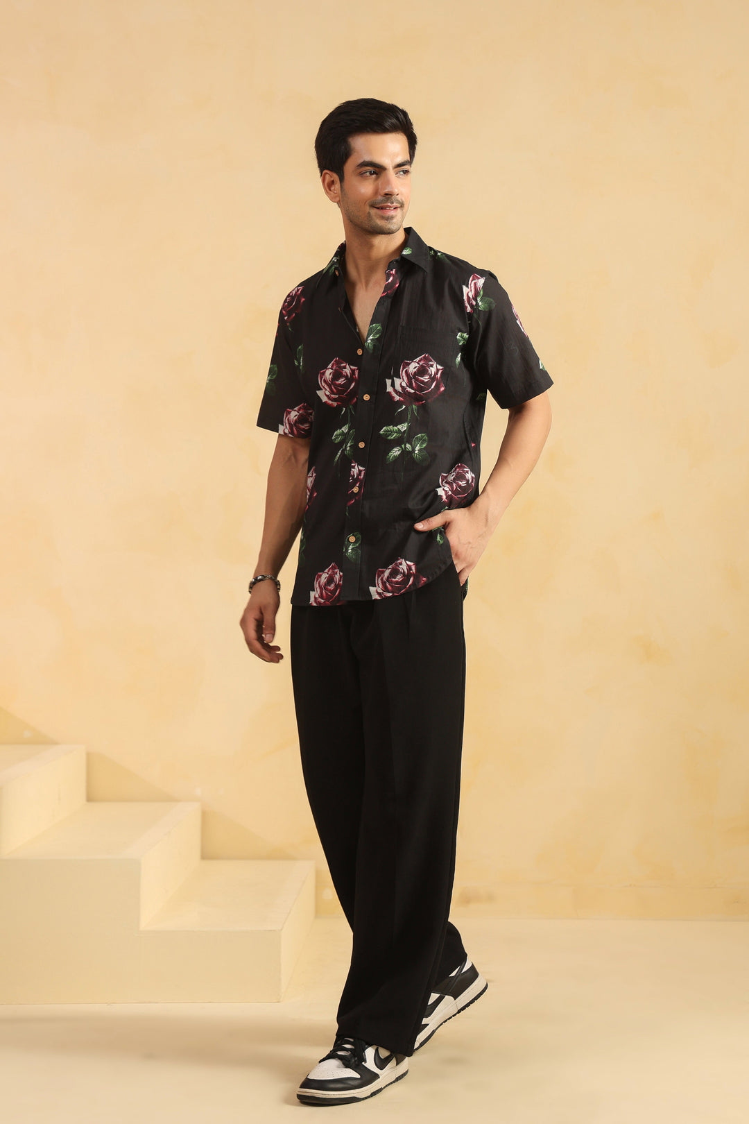 Black Rose Half Sleeve Cotton Shirt