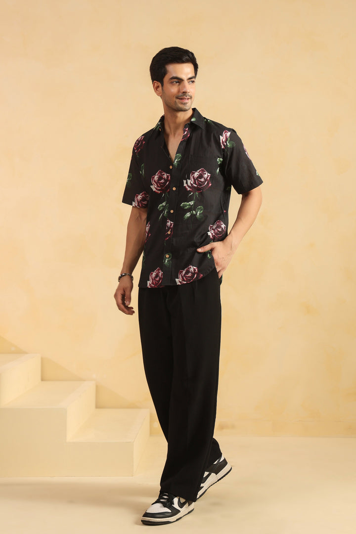 Black Rose Half Sleeve Cotton Shirt