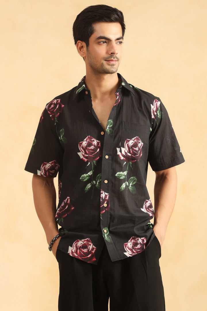 Black Rose Half Sleeve Cotton Shirt