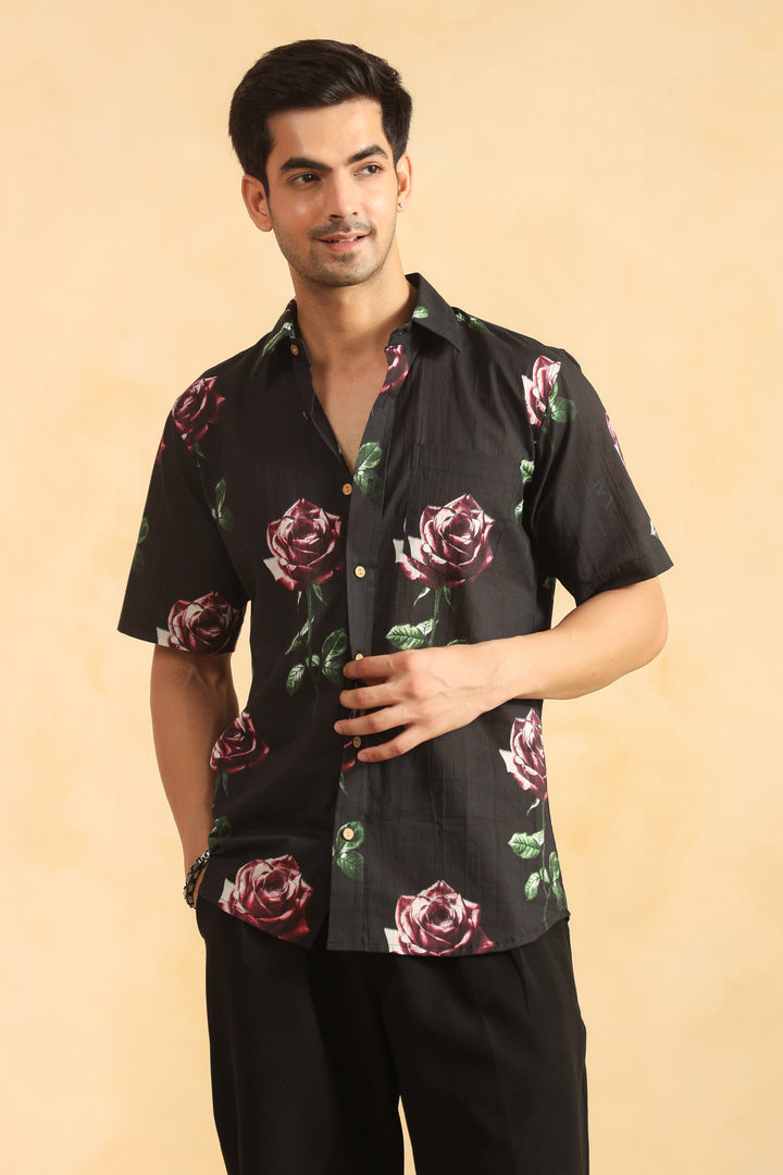 Black Rose Half Sleeve Cotton Shirt