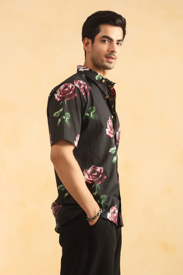 Black Rose Half Sleeve Cotton Shirt