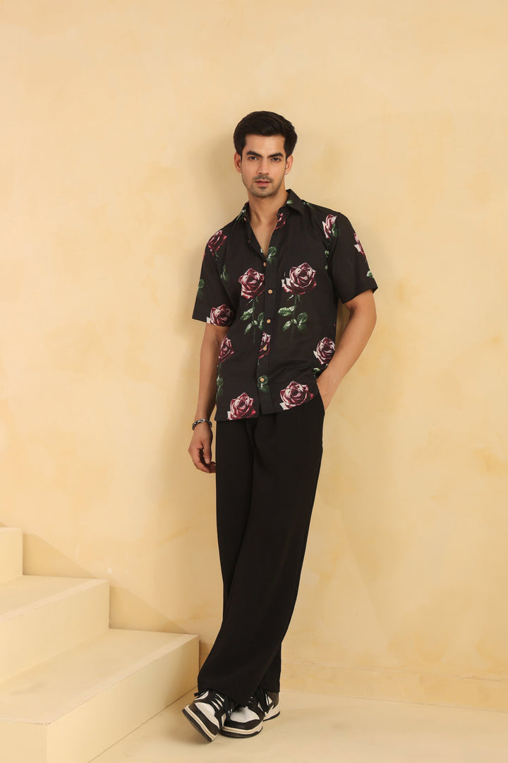 Black Rose Half Sleeve Cotton Shirt