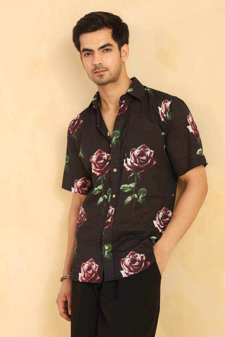 Black Rose Half Sleeve Cotton Shirt