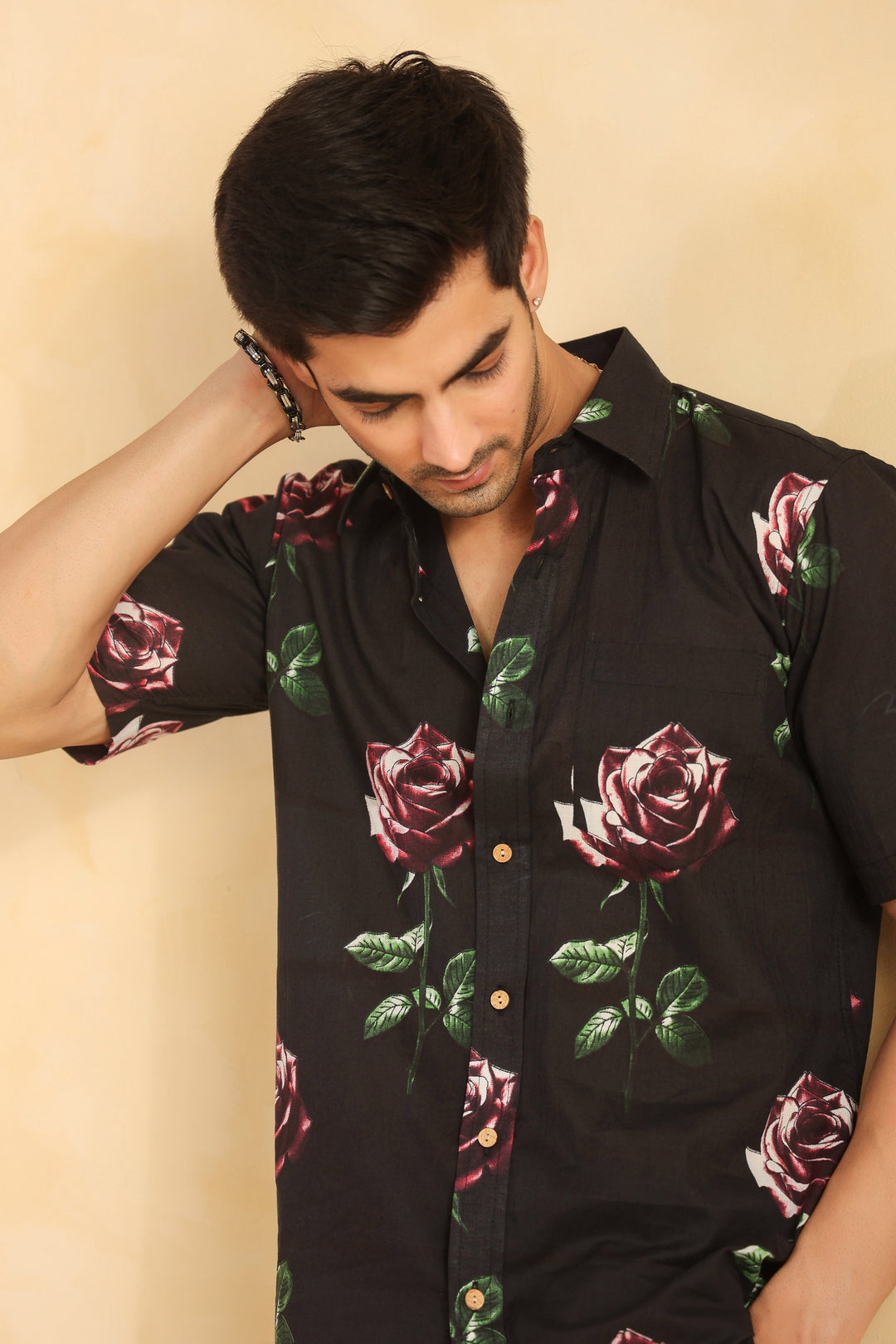 Black Rose Half Sleeve Cotton Shirt