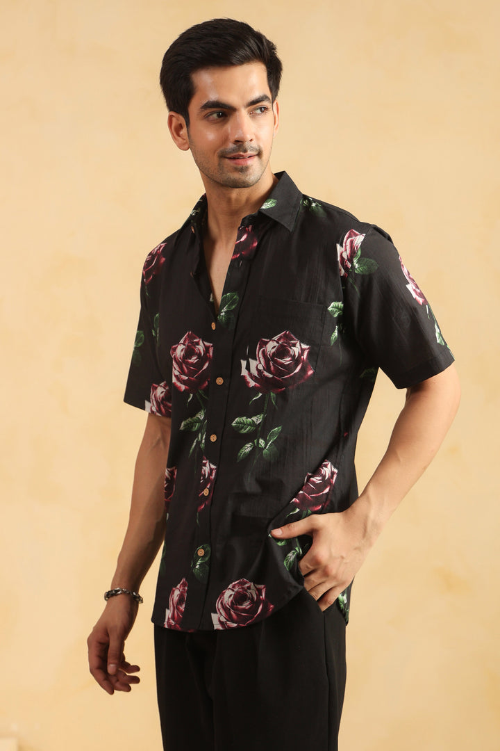 Black Rose Half Sleeve Cotton Shirt