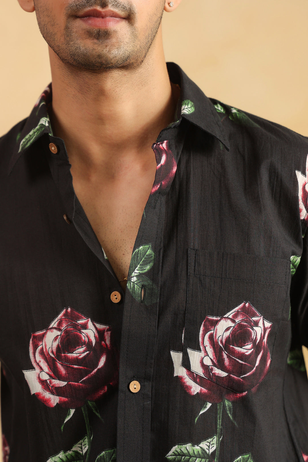 Black Rose Half Sleeve Cotton Shirt