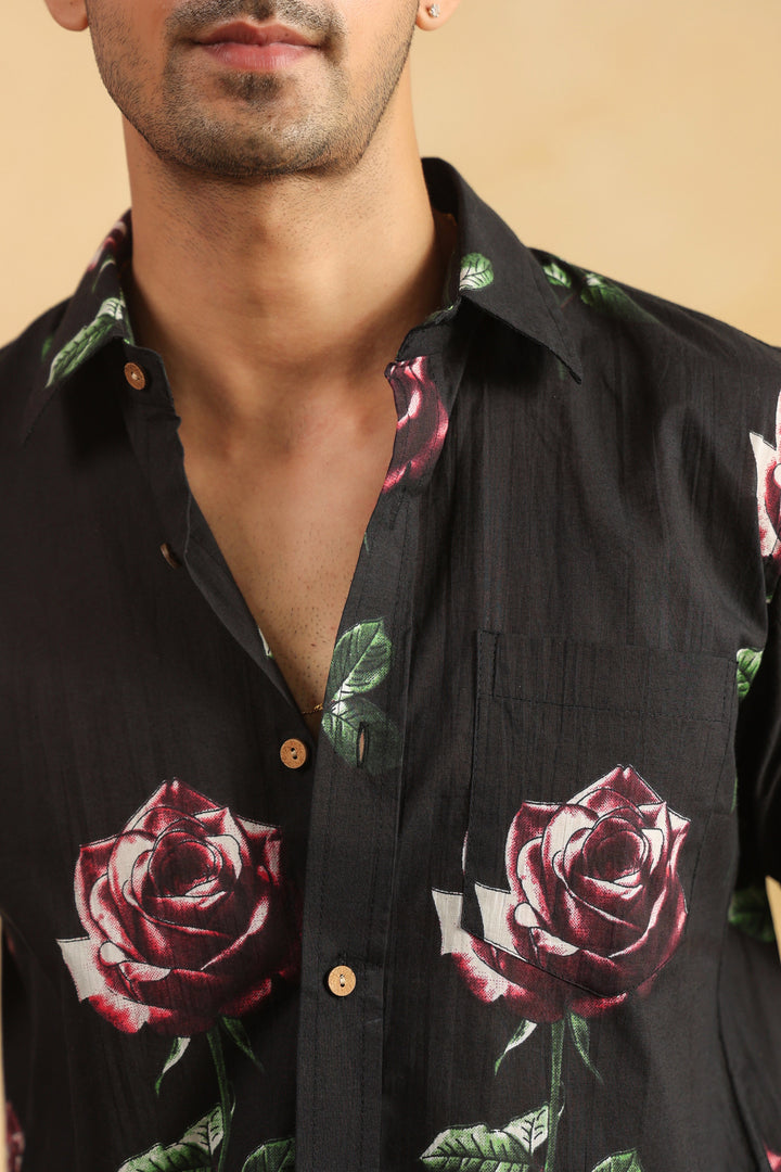 Black Rose Half Sleeve Cotton Shirt