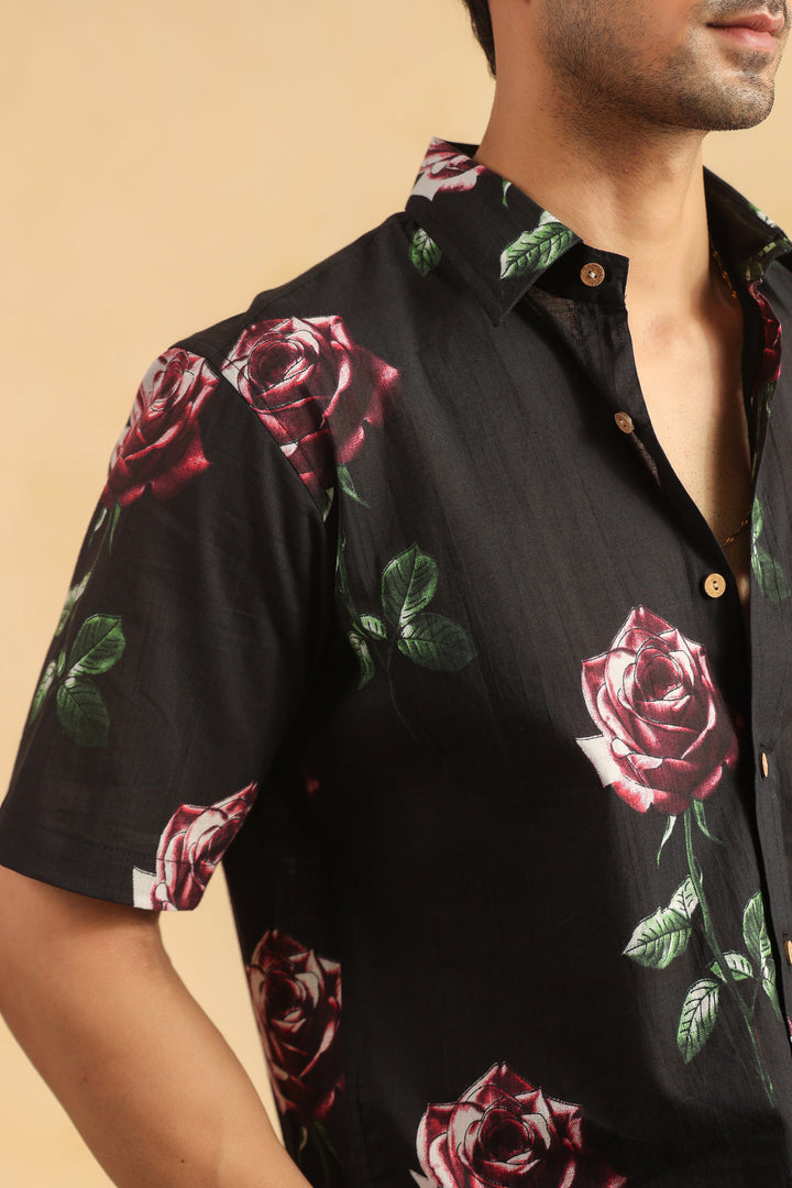 Black Rose Half Sleeve Cotton Shirt