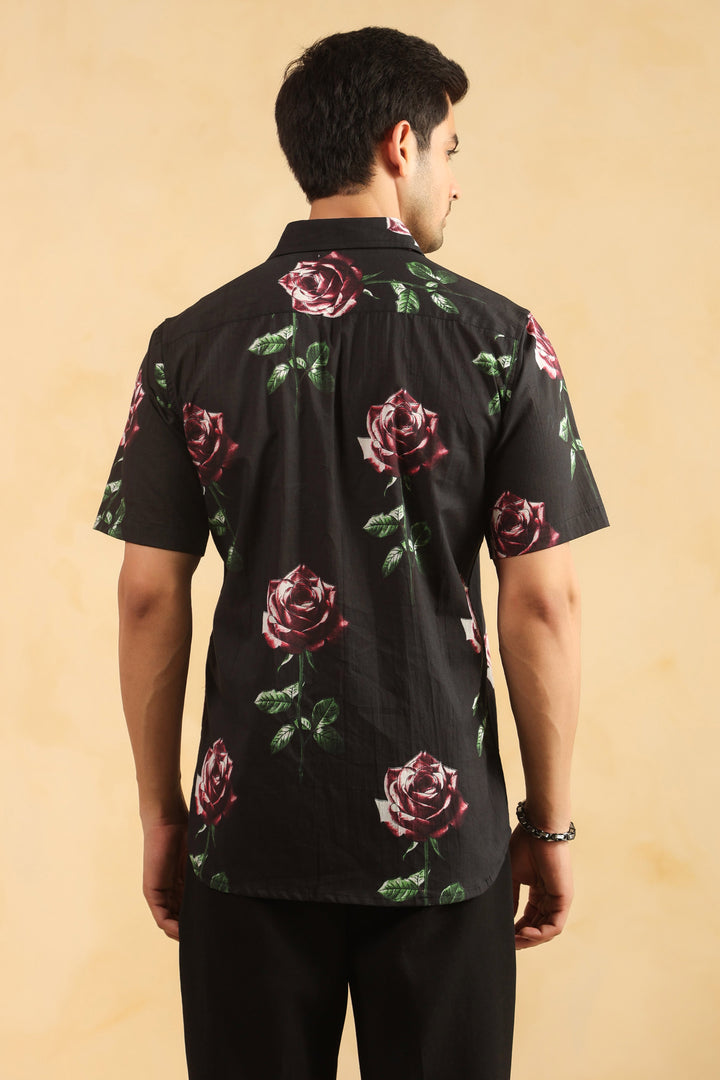 Black Rose Half Sleeve Cotton Shirt