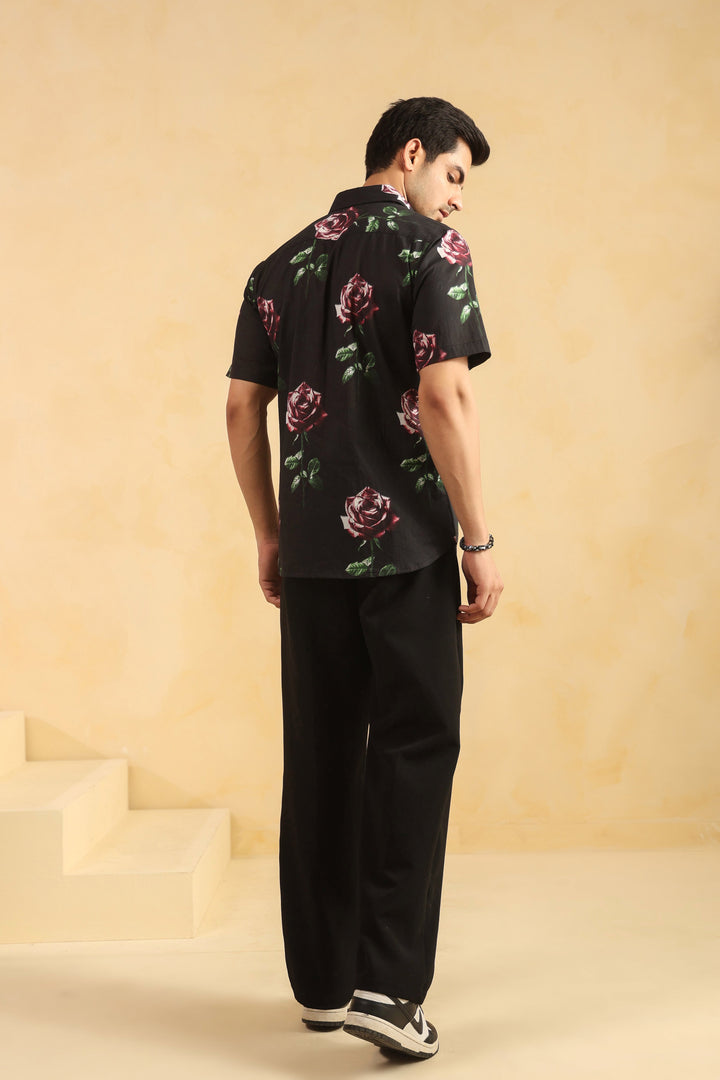 Black Rose Half Sleeve Cotton Shirt