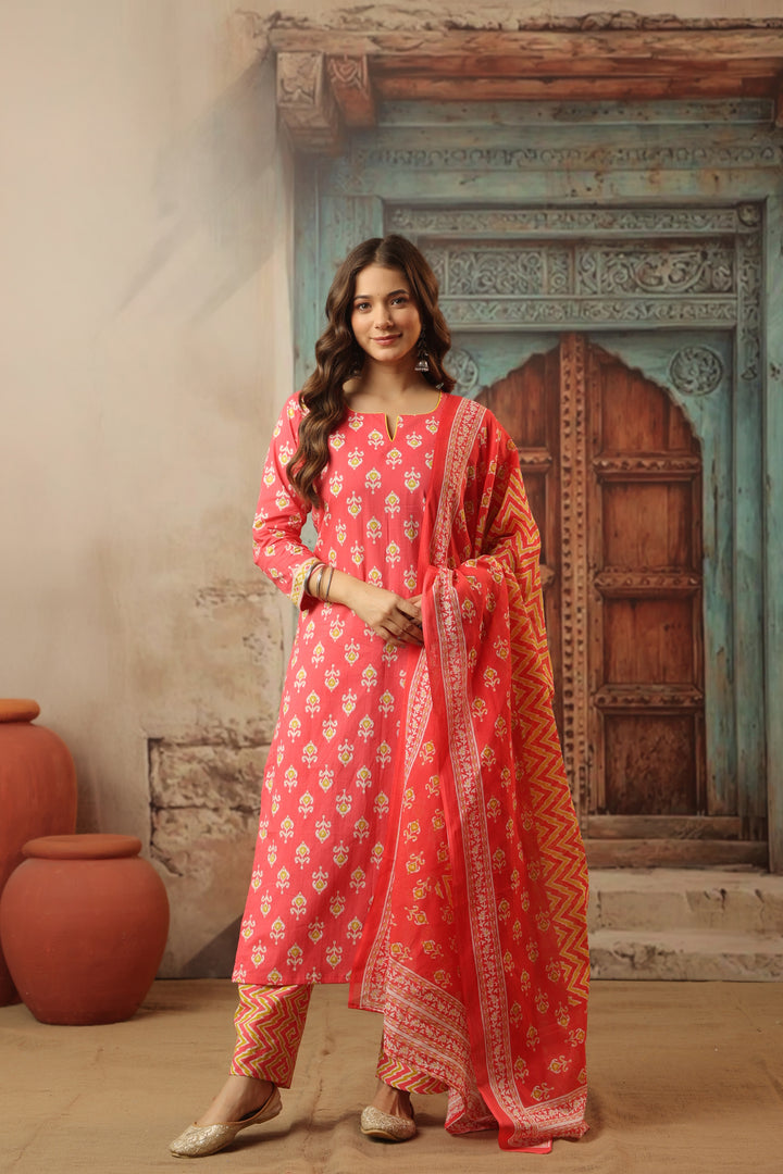 Peach Ikkat Straight Suit Set