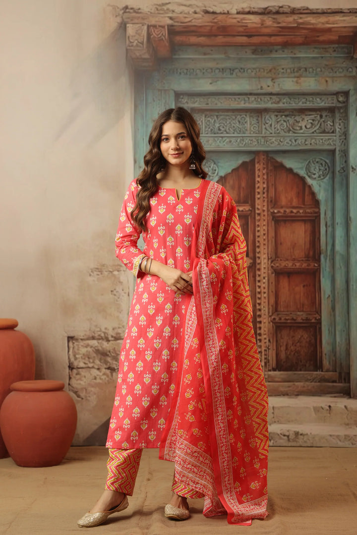 Unstitched - Peach Ikkat Straight Suit Set