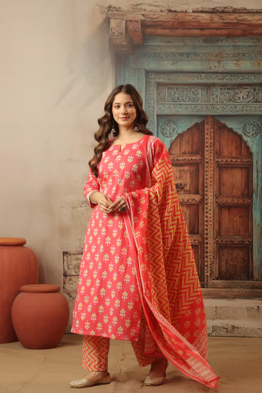 Peach Ikkat Straight Suit Set