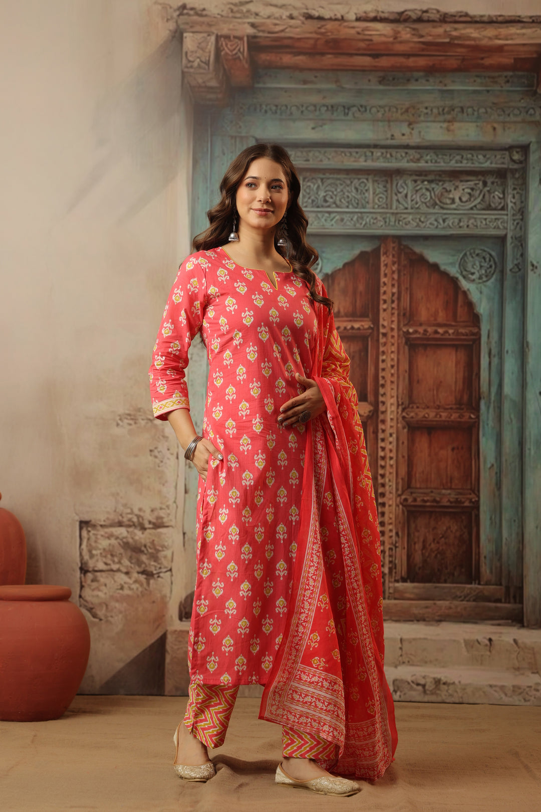 Peach Ikkat Straight Suit Set