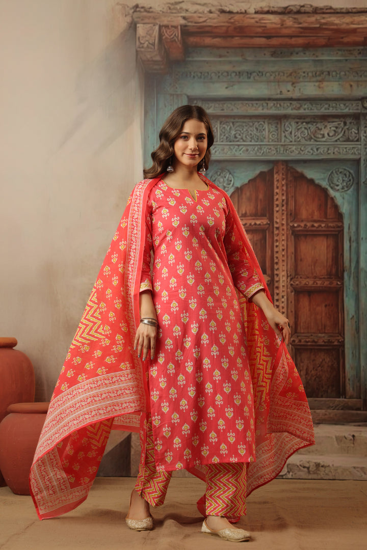 Peach Ikkat Straight Suit Set