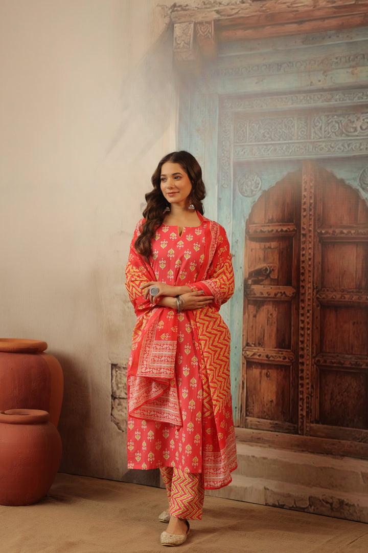 Peach Ikkat Straight Suit Set