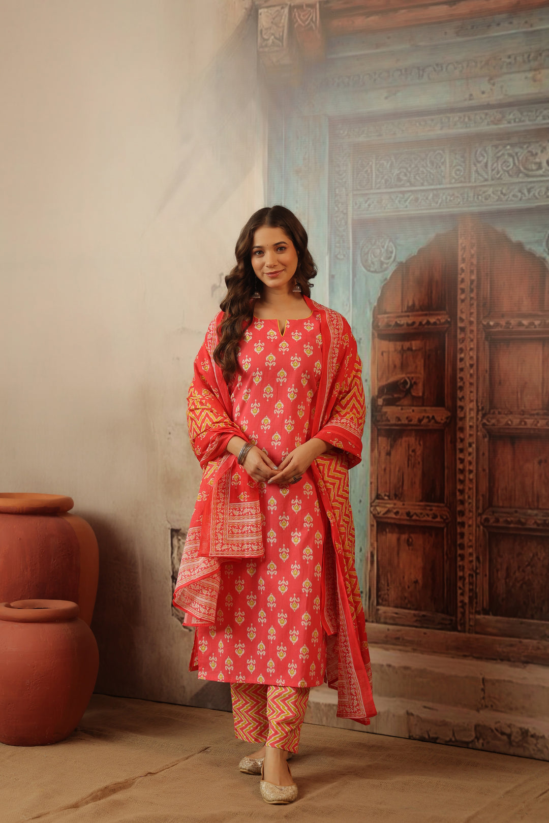 Peach Ikkat Straight Suit Set