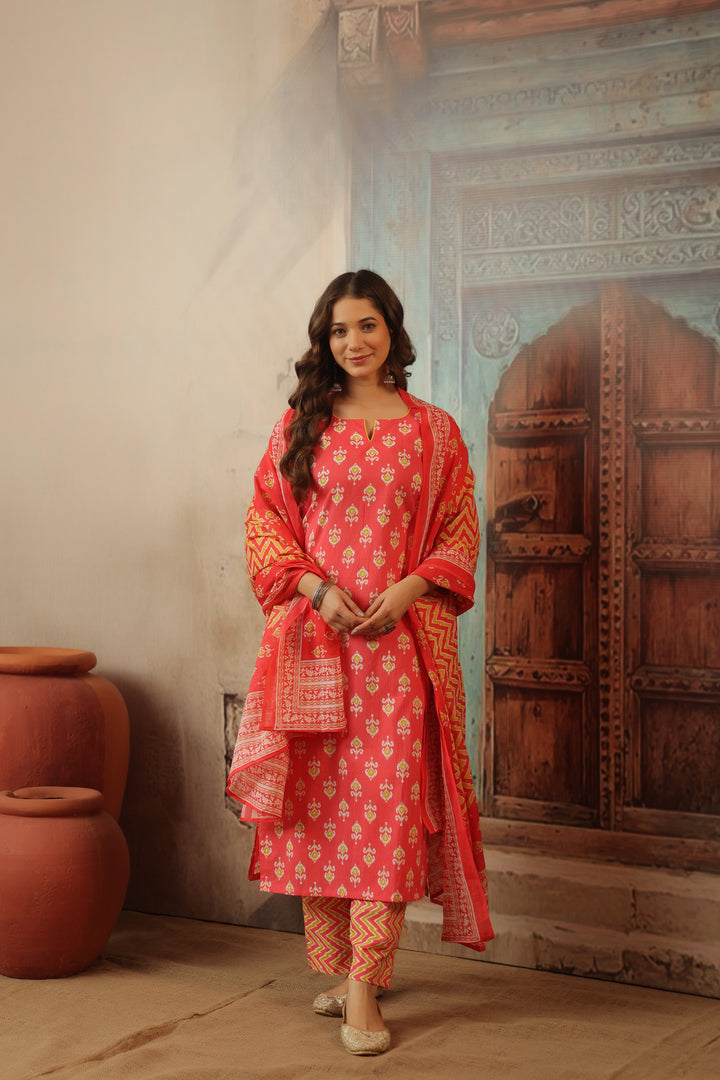 Peach Ikkat Straight Suit Set
